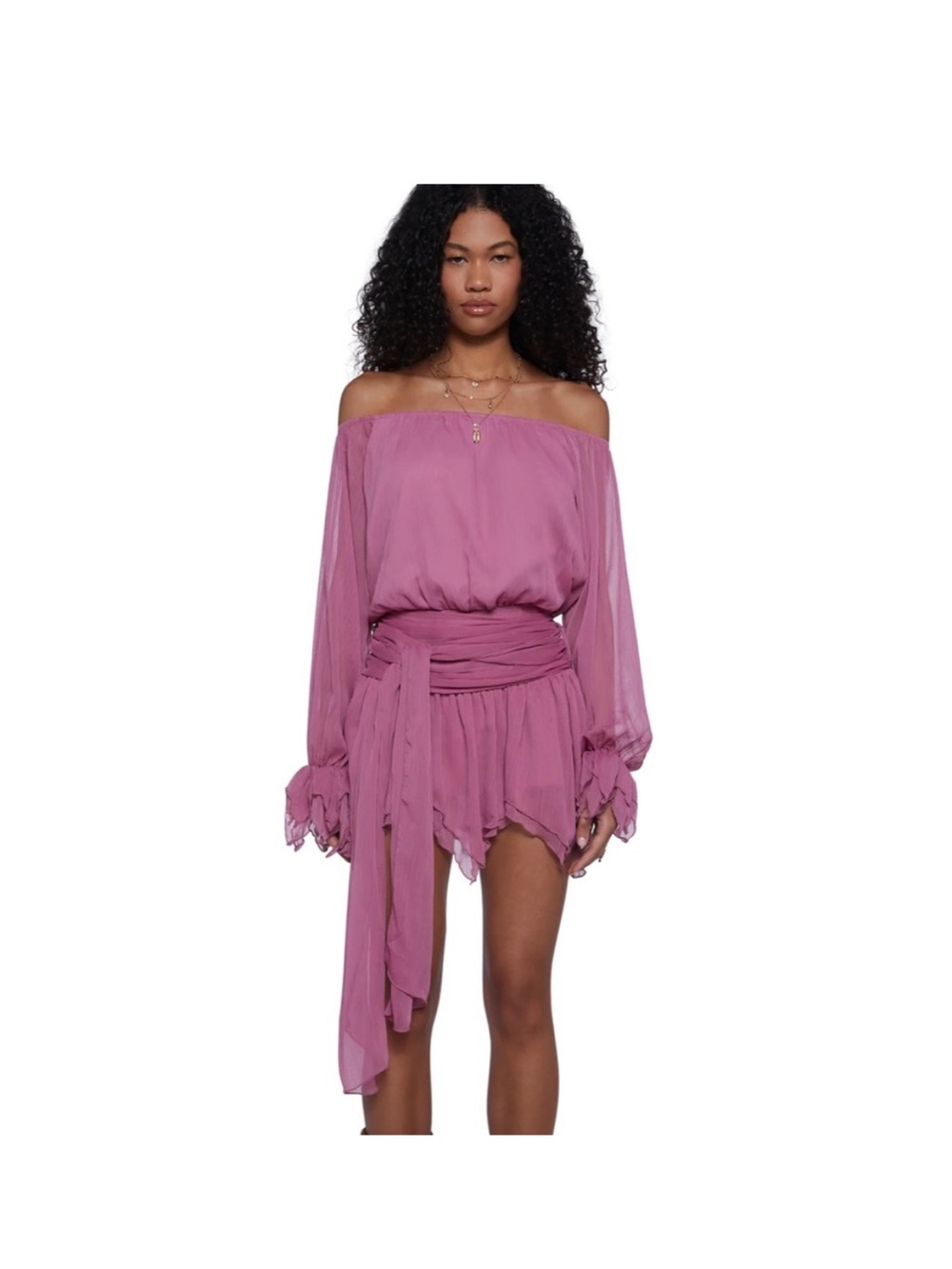 Pink Off-Shoulder Dress with Sash